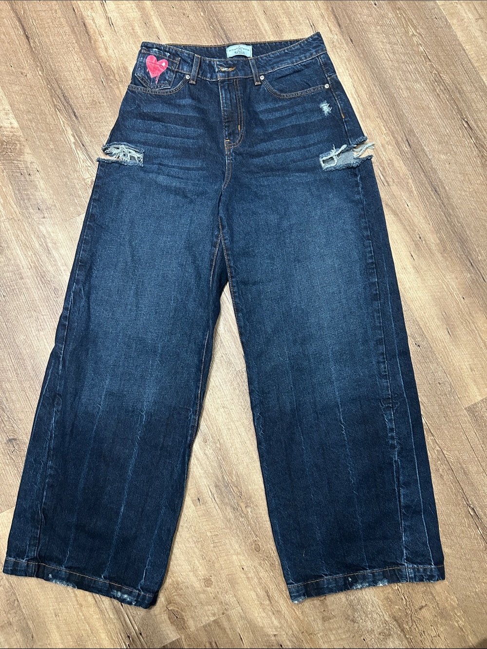 REVICE Dark Blue Wide Leg Jeans with Red Heart Patch